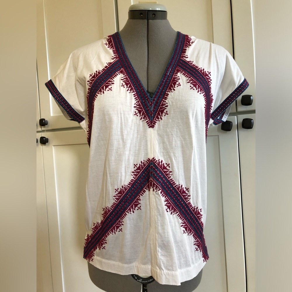 J. Crew White V-Neck Tunic with Red & Navy Embroidery